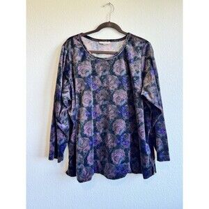 Woman Within Purple Floral Velvet Velour Pullover Long Sleeve Blouse 1X 22/24